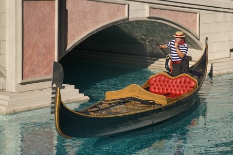 USA, Nevada, Las Vegas, The Strip gondola outside the entrance to the Venetian hotel and casino.