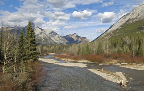 Canada, Alberta, Kananaskis, Kananaskis River in Evan Thomas Recreation Area white puffy clouds in