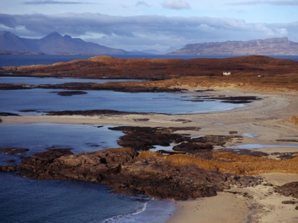 Scotland, Highlands, Ardnamurchan, Sanna Bay with from left to right the Isle of Rum and Isle of