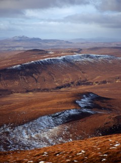 Scotland, Highlands, North, View north west from Ben Griam Mhor Mountain at 590 metres with snow