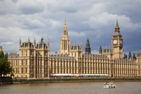 England, London, View across the river Thames from the Albert Embankment toward the Houses of