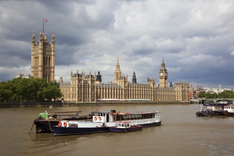 England, London, View across the river Thames from the Albert Embankment toward the Houses of