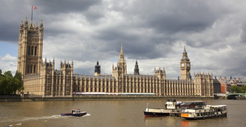 England, London, View across the river Thames from the Albert Embankment toward the Houses of