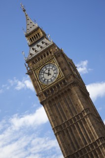 England, London, Westminster Houses of Parliament Clock Tower better known as Big Ben. Angled view.