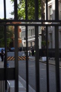 England, London, Westminster Whitehall Downing Street Security gates and armed police guards.
