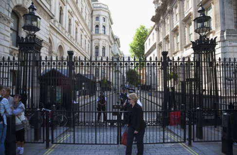England, London, Westminster Whitehall Downing Street Security gates and armed police guards.