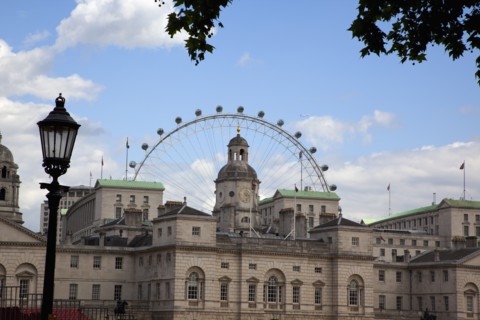 England, London, Westminster Whitehall Horse Guards Parade with the Eye ferris wheel in the behind.
