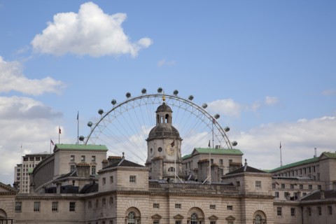 England, London, Westminster Whitehall Horse Guards Parade with the Eye ferris wheel in the behind.
