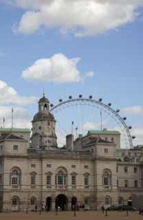 England, London, Westminster Whitehall Horse Guards Parade with the Eye ferris wheel in the behind.