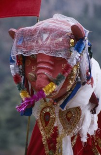 Nepal, Annapurna, Larjung, Decorated figure of god of the Thakali Gauchan clan during Lha Phewa