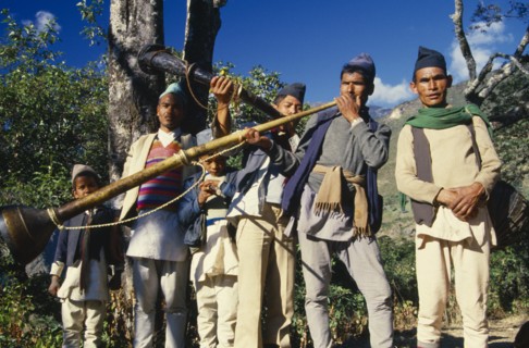 Nepal, East, Sangawa Khola Valley, Musicians taking part in wedding procession. 
Photo : Chris