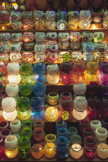 Turkey, Istanbul, Eminonu Misir Carsisi Spice Market display of colourful lamps. 
Photo : Stephen