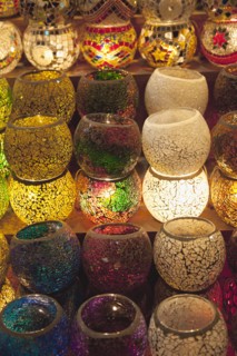 Turkey, Istanbul, Eminonu Misir Carsisi Spice Market display of colourful lamps. 
Photo : Stephen