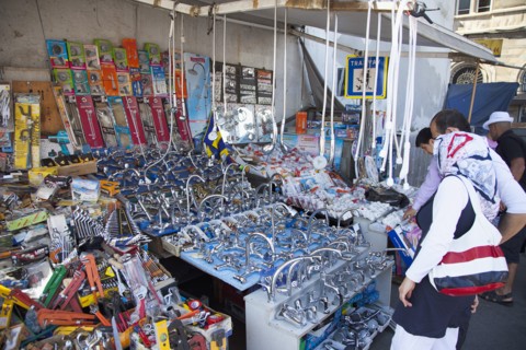 Turkey, Istanbul, Karakoy Galata stall selling plumbing equipment. 
Photo : Stephen Rafferty