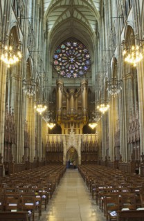 England, West Sussex, Shoreham-by-Sea, Lancing College Chapel interior view of the Nave. 
Photo :
