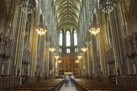 England, West Sussex, Shoreham-by-Sea, Lancing College Chapel interior view of the Nave. 
Photo :