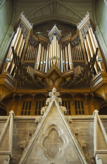 England, West Sussex, Shoreham-by-Sea, Lancing College Chapel interior view of the main organ.
