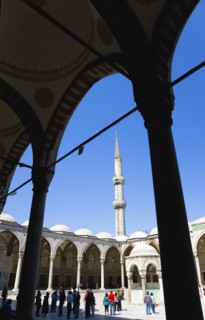 Turkey, Istanbul, Sultanahmet Camii The Blue Mosque Courtyard and minaret with Absolutions Fountain