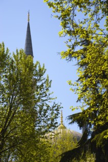 Turkey, Istanbul, Sultanahmet Camii The Blue Mosque dome and minaret seen through trees in the