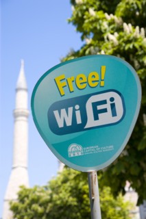 Turkey, Istanbul, Sultanahmet Haghia Sophia minaret behind sign for Free Wifi hotspot. 
Photo :