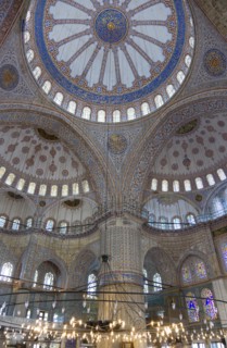 Turkey, Istanbul, Sultanahmet Camii The Blue Mosque interior with decorated painted domes with
