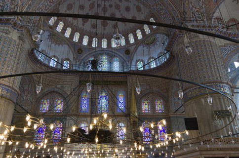 Turkey, Istanbul, Sultanahmet Camii The Blue Mosque interior with decorated painted domes with
