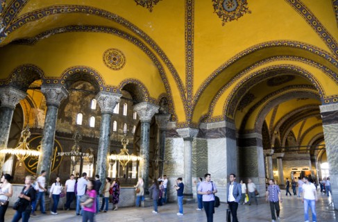 Turkey, Istanbul, Sultanahmet Haghia Sophia Tourists in the vaulted decorative North Gallery.