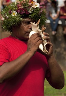 PORTRAIT OF A MAN BLOWING A CONCH SHELL AT THE SAN JAO FESTIVAL CELEBRATIONS, SIOLIM, GOA