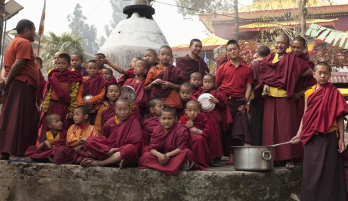 Buddhist Lama Monks in a bonfire ceremony for Losar, Sikkim, India