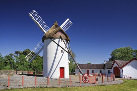 Ireland, County Roscommon, Elphin, Windmill. Painted white with red door. Built c.1730 and restored