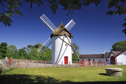 Ireland, County Roscommon, Elphin, Windmill. Painted white with red door. Built c.1730 and restored