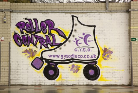 Art, Graffiti, Former parcel delivery warehouse converted into roller disco with the walls