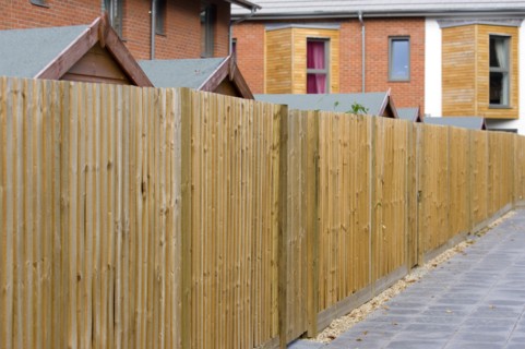 England, West Sussex, Chichester, Architecture Back garden wooden fencing and garden sheds of new