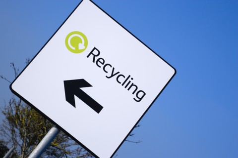 Environment, Recycling, Sign in supermarket car park. 
Photo : Paul Seheult