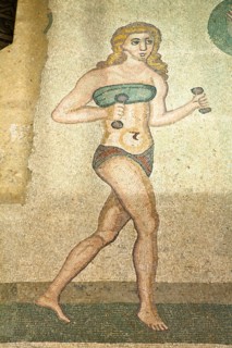 Italy, Sicily, Piazza Armerina, Villa Romana del Casale Mosaic of female gymnasts in bikinis Hall
