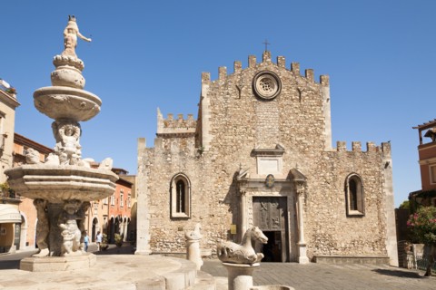 Italy, Sicily, Taormina, Piazza Del Duomo and Corso Umberto Cathedral of San Nicolo and baroque