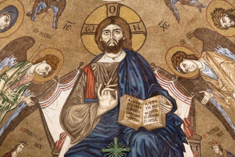 Italy, Sicily, Messina, Piazza Del Duomo Jesus Christ mosaic inside Cathedral. 
Photo : Mel