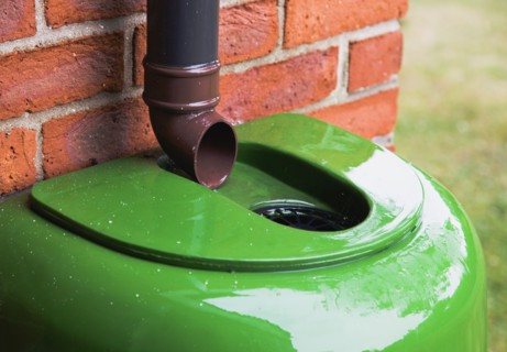 Plastic water butt collecting rain water from drainpipe