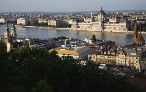 Buda Castle District view over Danube and Pest with Parliament Building.