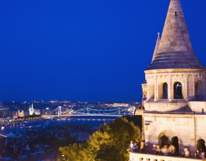 Buda Castle District view over Danube and Pest from Fishermen's Bastion.