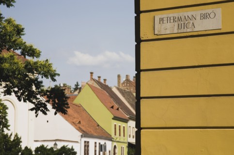 Street sign on corner in Buda Castle District.