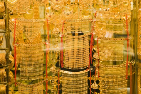 Gold jewellery in window display of Gold Souk Deira.