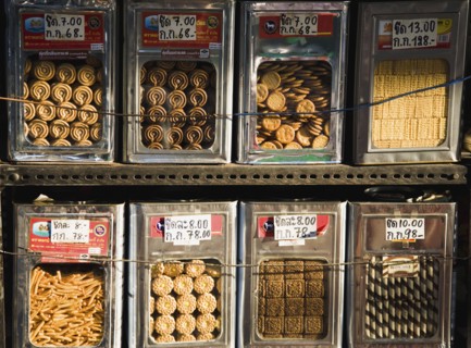 Biscuits on sale loose by weight from display tins on New Road the first surfaced road in the city.