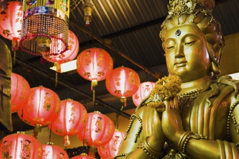 Gold Guanyin Goddess of Mercy statue with red lanterns for Chinese New Year.