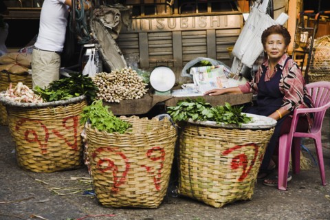 Fresh Ginger and herbs on sale in Chinatown market.