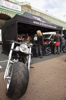 Stall selling motorcycle accessories during bike festival on Madeira Drive.
