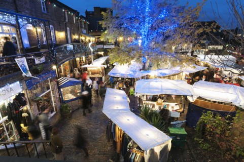Camden Lock Market Looking down on early evening Christmas shoppers.