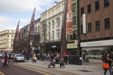 Modern Art on Donegall Place celebrating the building of White Star Line ships in by Harland and Wolff as part of the Streets Ahead Project.