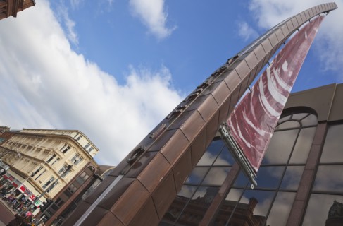 Modern Art on Donegall Place celebrating the building of White Star Line ships in by Harland and Wolff as part of the Streets Ahead Project.