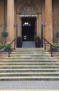 Cathedral Quarter Entrance steps of the Merchant Hotel in Waring Street a former bank.